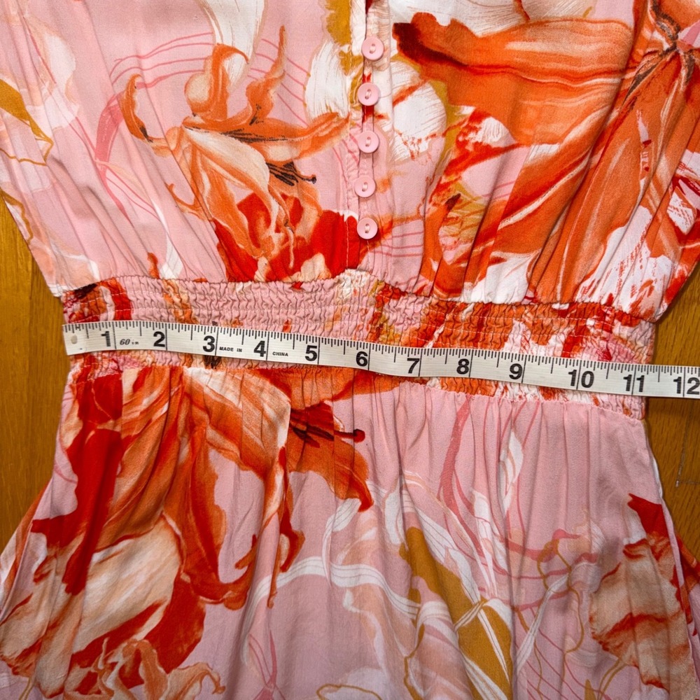Abel the Label Pink Orange Floral High Low Maxi Dress Smocked Waist M Beach Boho - Picture 9 of 12